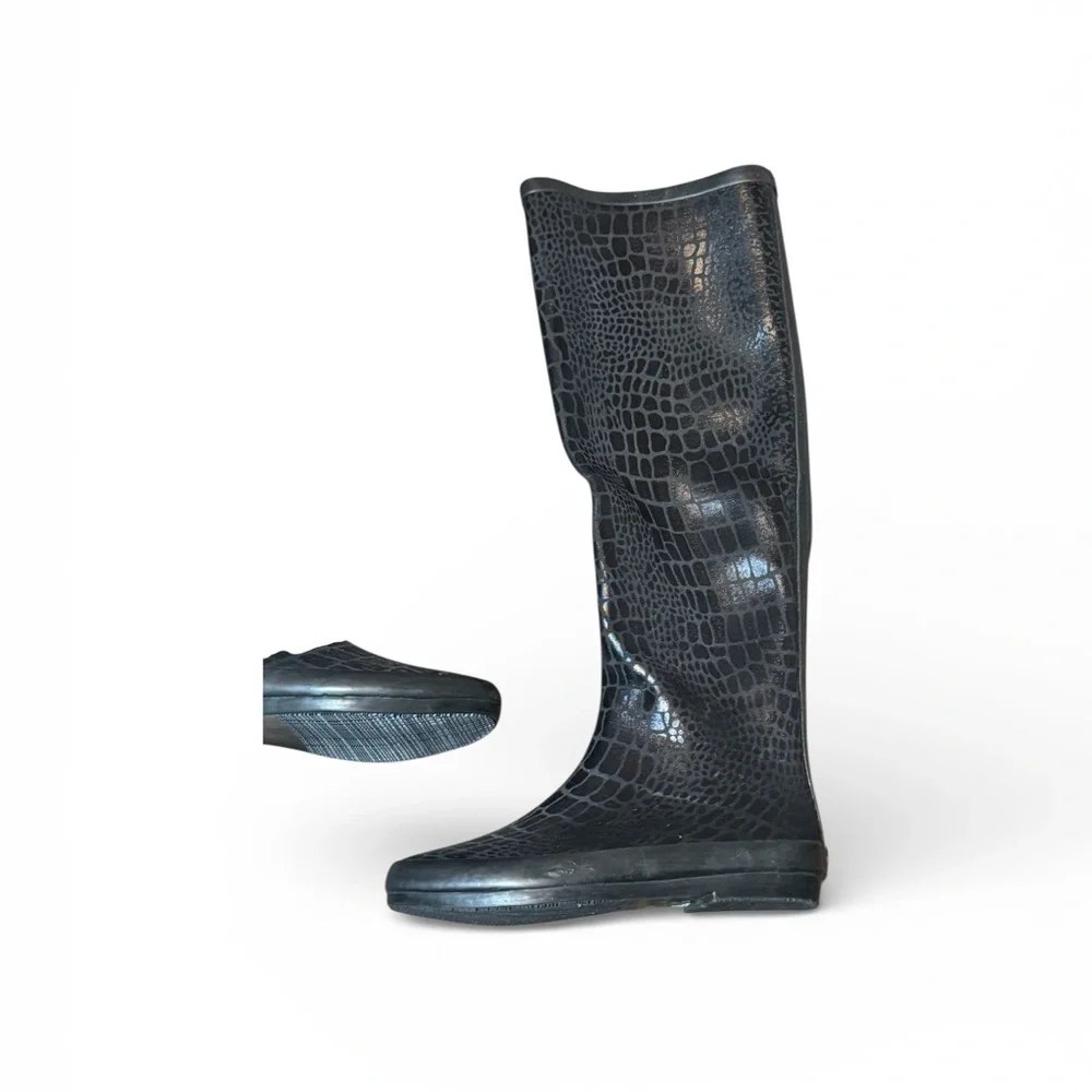 Henry Ferrera Black Knee High Croc-Embossed Winter Boots Size 6 Rain Winter